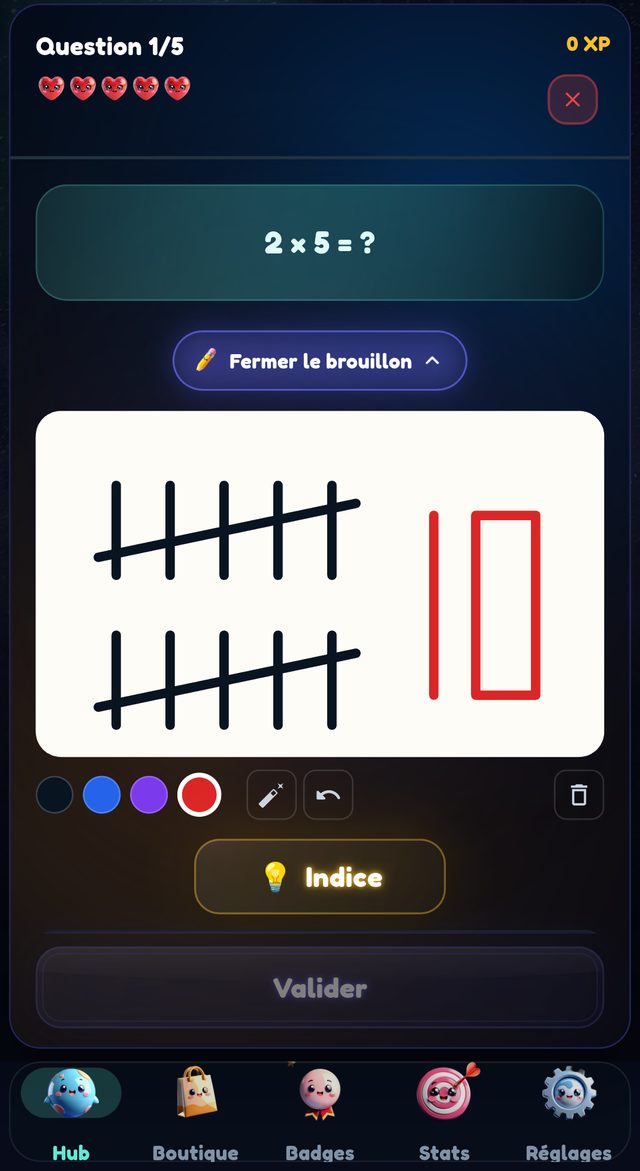 Le brouillon dessiné : des bâtons tracés à la main pour calculer 2 × 5