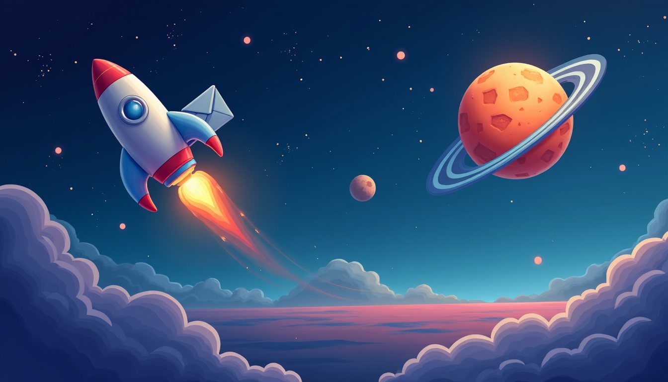 Une petite fusée qui emporte une lettre vers une planète orange
