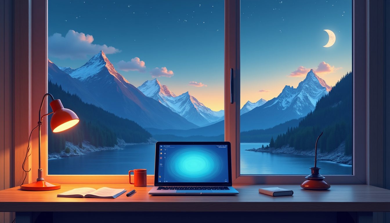 Un bureau avec un ordinateur et une lampe, devant une fenêtre ouverte sur un lac et des montagnes, la nuit