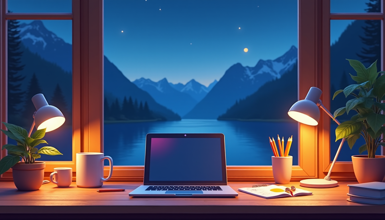 Un bureau devant une fenêtre ouverte sur un lac et des montagnes, la nuit